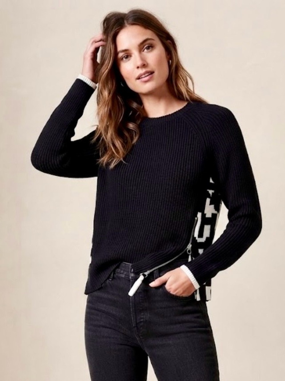 Charlie B Abstract Geometric Cotton Blend Zip Side Ribbed Sweater